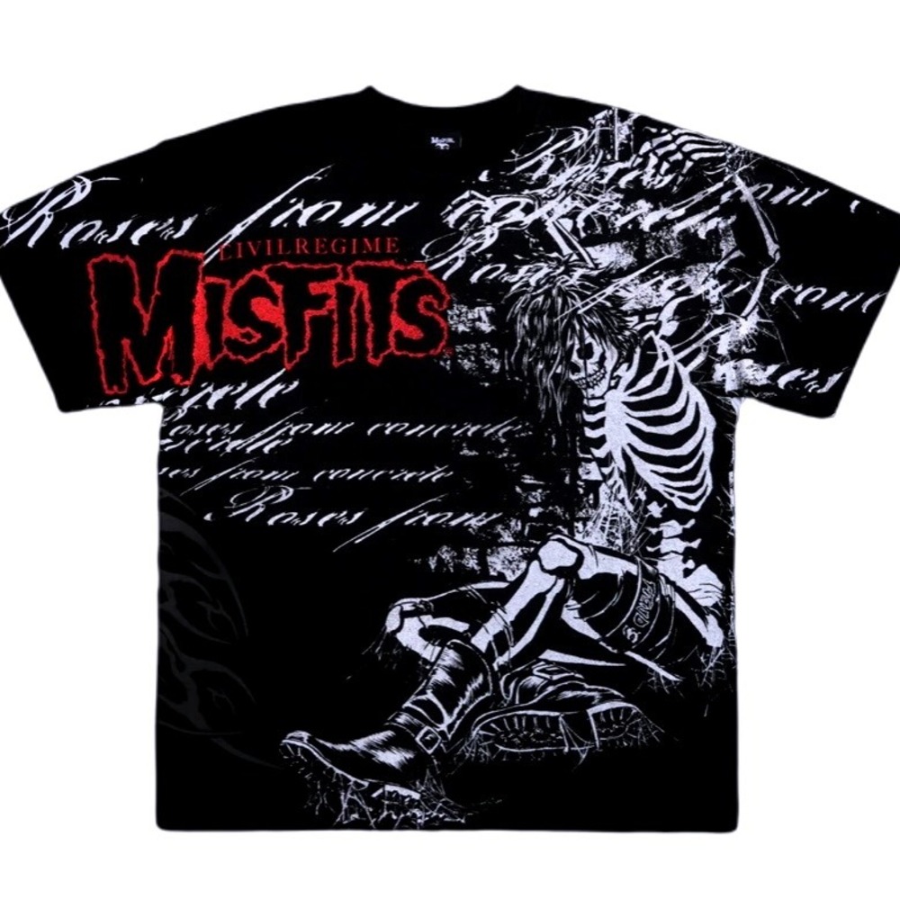Civil Regime Misfits Skeleton Roses All Over Print T Shirt Black Men's